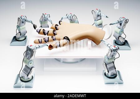 Robots making an android hand. Conceptual artwork illustrating the idea of robots manufacturing other robots. Stock Photo
