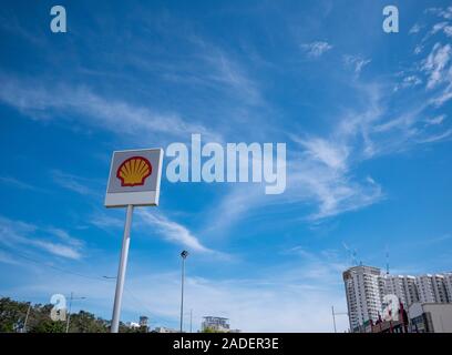 Penang Malaysia - November 2019: Shell brand sign in blue sky of penang malaysia Stock Photo