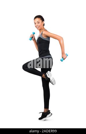 African American Girl Jumping Holding Dumbbells Exercising Over White Background Stock Photo