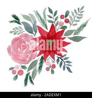 watercolor floral background with winter bouquet, floral design with poinsettia flower, pink rose and berries Stock Photo