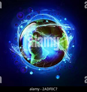 Quantum internet, conceptual image. Quantum imagery surrounding an Earth globe, representing information transmission based on quantum effects. Quantu Stock Photo
