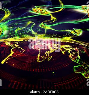 Quantum internet, conceptual image. Quantum imagery surrounding an Earth globe, representing information transmission based on quantum effects. Quantu Stock Photo