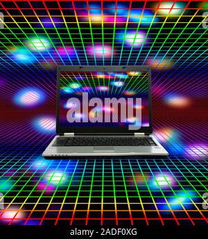 Laptop and grid with coloured lights, composite image. Stock Photo