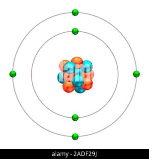 Carbon-12. Diagram showing the nuclear composition and electron configuration of an atom of carbon-12 (atomic number: 6), the most common isotope of t Stock Photo