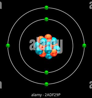 Carbon-14. Diagram showing the nuclear composition and electron configuration of an atom of carbon-14, an unstable isotope of the element carbon (C). Stock Photo
