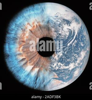 Earth as an eye. Composite image of half a human eye and the Earth, in space. This could represent the Earth as an observatory or eye on the universe. Stock Photo