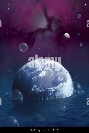 Floating Earth. Conceptual artwork of the Earth floating on the ocean of space. Stock Photo