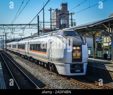 Nagoya, Japan - Nov 10, 2019. A local train coming to JR Station in Nagoya, Japan. Trains are a very convenient way for visitors to travel around Japa Stock Photo