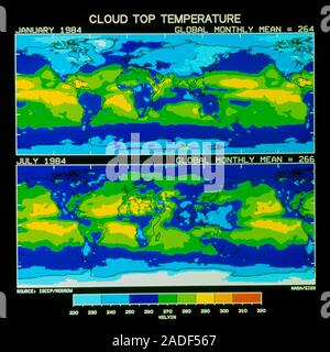 Computer-generated map of the World, showing distribution of temperatures at the top of cloud layers. The upper map relates to January 1984, the lower Stock Photo