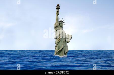 Global warming. Composite image of the Statue of Liberty surrounded by sea water, representing a rise in sea level due to climate change. Stock Photo