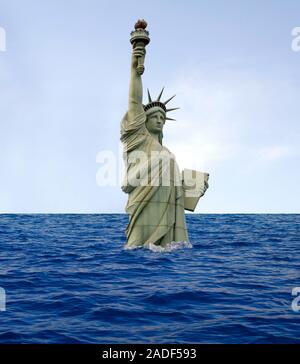 Global warming. Composite image of the Statue of Liberty surrounded by sea water, representing a rise in sea level due to climate change. Stock Photo