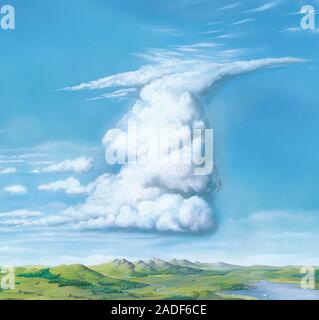 Cumulonimbus thunderstorm cloud, artwork. Cumulonimbi are large, turbulent clouds which carry rain or hail. They usually form from cumulus clouds at a Stock Photo