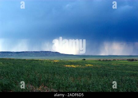Falling rain. Rain pouring from clouds over the countryside of eastern Montana, USA. Stock Photo