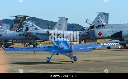 Gifu, Japan - Nov 10, 2019. Lexus Extra 300S private airplane taxiing on runway for flying to display in Gifu Air Base (RJNG). Stock Photo