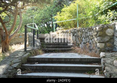 A beautiful staircase with stone steps and a metal lattice among the thickets of trees in a shady Park, the sun shines through the lush foliage Stock Photo