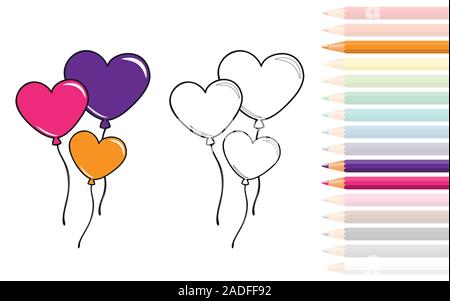 heart shaped balloons for coloring book with pencils vector illustration EPS10 Stock Vector