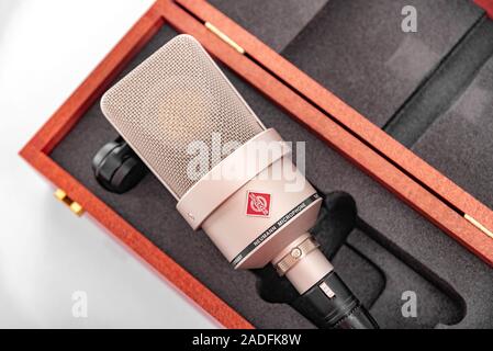 Large diaphragm condenser studio microphone Neumann tlm 103 on a white background. Stock Photo