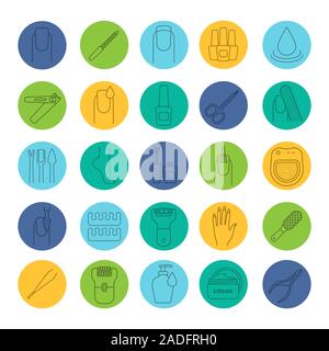 Manicure and pedicure linear icons set. Nail polish, scissors, epilator, soap, cream, tweezers, foot rasp, cuticle nipper. Thin line contour symbols o Stock Vector