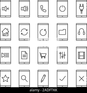 Smartphone apps linear icons set. Home page, playlist, listen to music, new document, folder, shopping, search, rate, mute on and off buttons. Thin li Stock Vector
