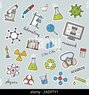 Chemical lab patches. Science. Color stickers, pins and badges set. Gas mask, molecule, atom, biohazard, recycle and radiation symbols, test tubes, fl Stock Vector