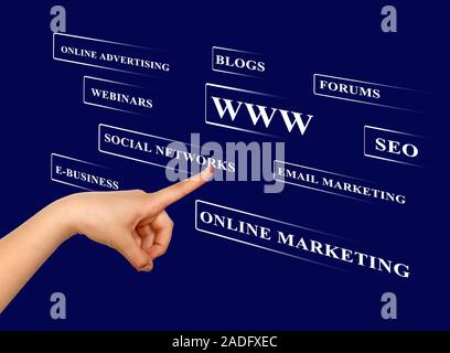 Businesswoman pressing business type of modern buttons with virtual background Stock Photo