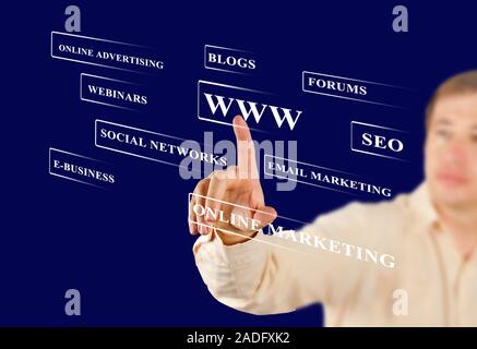 Businessman pressing business type of modern buttons with virtual background Stock Photo