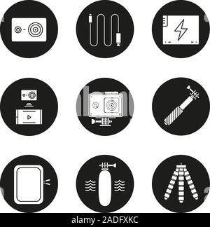 Action camera icons set. Sport cam, usb cable, battery, phone connection, waterproof case, selfie monopod stick, floating grip, box, tripod. Vector wh Stock Vector