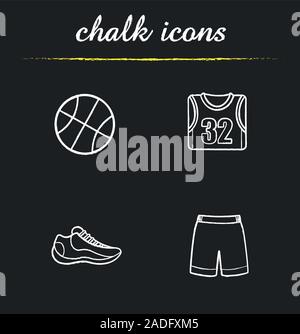 Basketball chalk icons set. Ball, shoe, t-shirt, shorts. Basketball player's uniform. Isolated vector chalkboard illustrations Stock Vector