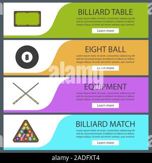 Billiard banner templates set. Snooker ball rack, crossed cues, table, eight ball. Website menu items. Color web banner. Vector headers design concept Stock Vector