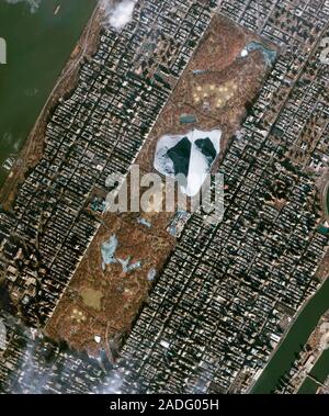 Central Park. Satellite image of Central Park, a large park in New York City, USA. Between 12-23 February 2005, an art installation called 'The Gates' Stock Photo
