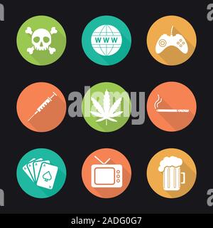 Addictions and bad habits. Flat design long shadow icons set. Skull and crossbones, www globe symbol, gamepad, syringe, marijuana leaf, cigarette, car Stock Vector
