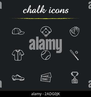 Baseball accessories chalk icons set. Cap, field, mitt, shirt, ball, bat, shoe, tickets, winner's award. Softball player's kit. Isolated vector chalkb Stock Vector