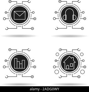 Cyber technology icons set. Music, statistics, email and smart house concepts. Letter, headphones, chart and home. Vector white illustrations in black Stock Vector