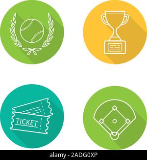 Baseball championship. Flat linear long shadow icons set. Softball ball in laurel wreath, field, tickets, winner's gold trophy cup. Vector line illust Stock Vector