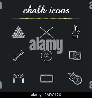 Billiard chalk icons set. Pool ball rack, cues, brush, glove, eight ball, chalk, table, rest head, burning ball. Isolated vector chalkboard illustrati Stock Vector