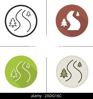 Winding country road icon. Flat design, linear and color styles. Forest path with fir trees. Isolated vector illustrations Stock Vector