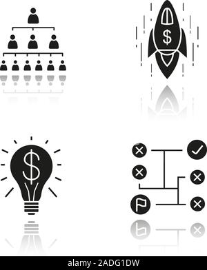Business concepts drop shadow black icons set. Company hierarchy, problems solving, successful idea and spaceship. Isolated vector illustrations Stock Vector