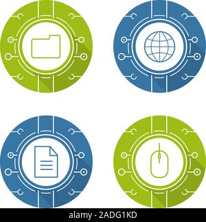 Cyber technology flat design long shadow icons set. Cloud computing. Worldwide network, digital storage, web document, network access. Vector silhouet Stock Vector