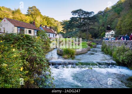 View to small island in Cheddar Yeo river through the village of Cheddar, Mendip, Somerset, England, UK, Britain Stock Photo