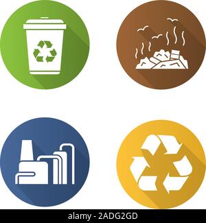 Waste management. Flat design long shadow icons set. Recycle bin symbol, rubbish dump, factory pollution. Environment protection. Vector silhouette il Stock Vector