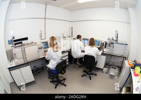 Pollution monitoring. Chemists in an environmental pollution research laboratory analysing data at computers. Stock Photo