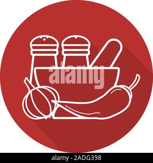 Spices flat linear long shadow icon. Salt and pepper shakers, garlic, chili, mortar and pestle. Vector line symbol Stock Vector