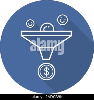 Sales funnel flat linear long shadow icon. Marketing funnel concept. Vector line symbol Stock Vector