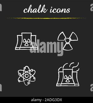 Atomic energy chalk icons set. Nuclear power plant with smoke, radiation and atom symbols. Isolated vector chalkboard illustrations Stock Vector