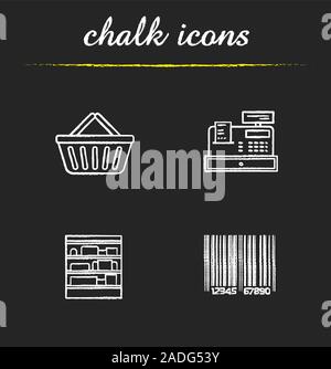 Supermarket chalk icons set. Shopping basket, cash register, bar code, shop shelves. Grocery store items. Isolated vector chalkboard illustrations Stock Vector
