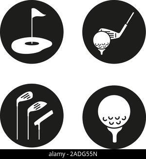 Golf icons set. Golf course, clubs, ball on tee. Vector white silhouettes illustrations in black circles Stock Vector