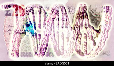 DNA with money. Computer artwork of a DNA double helix superimposed over a British 20 pound note. This image could represent the commercial implicatio Stock Photo