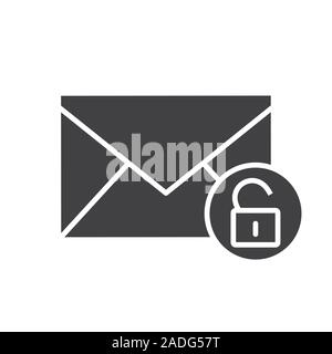 Email security icon. Letter silhouette symbol. Sms message with open lock sign. Negative space. Vector isolated illustration Stock Vector
