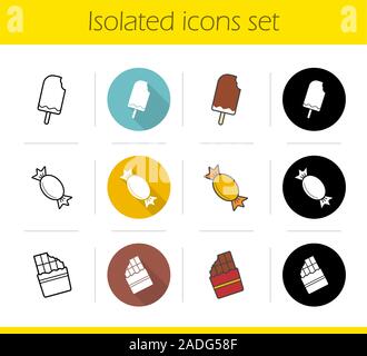 Sweets icons set. Flat design, linear, black and color styles. Ice cream, caramel candy, chocolate bar. Isolated vector illustrations Stock Vector