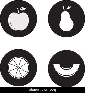 Fruit icons set. Apple, pear, cutted orange, melon slice. Vector white silhouettes illustrations in black circles Stock Vector